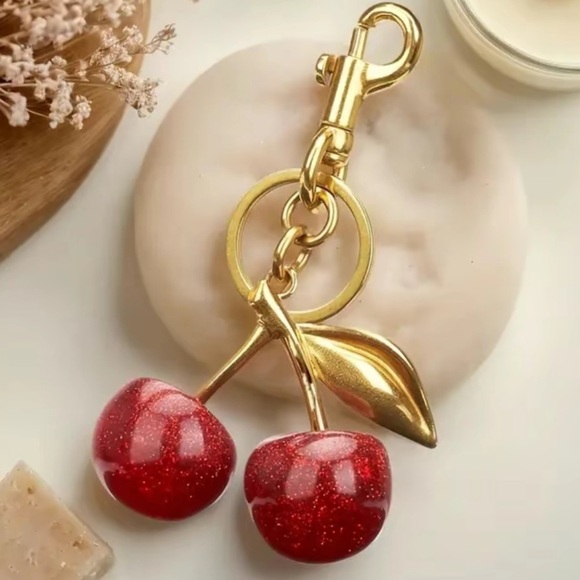 The Unbranded Brand Accessories - Gold and Red Cherry Bag Charm Keychain